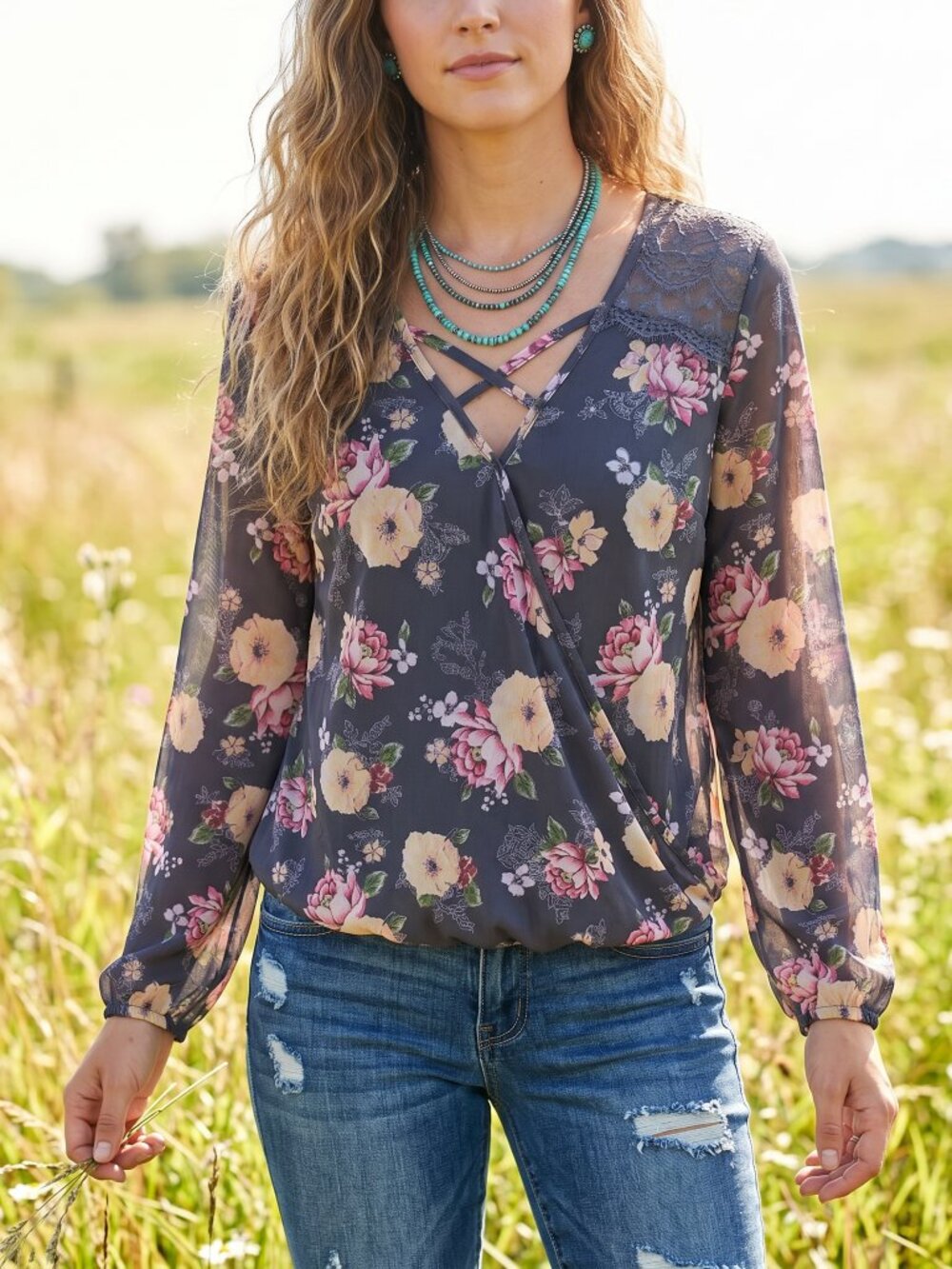 NOBO Floral Fairy Grunge Top M Gray LS Whimsigoth Cottage Ethereal Peasant